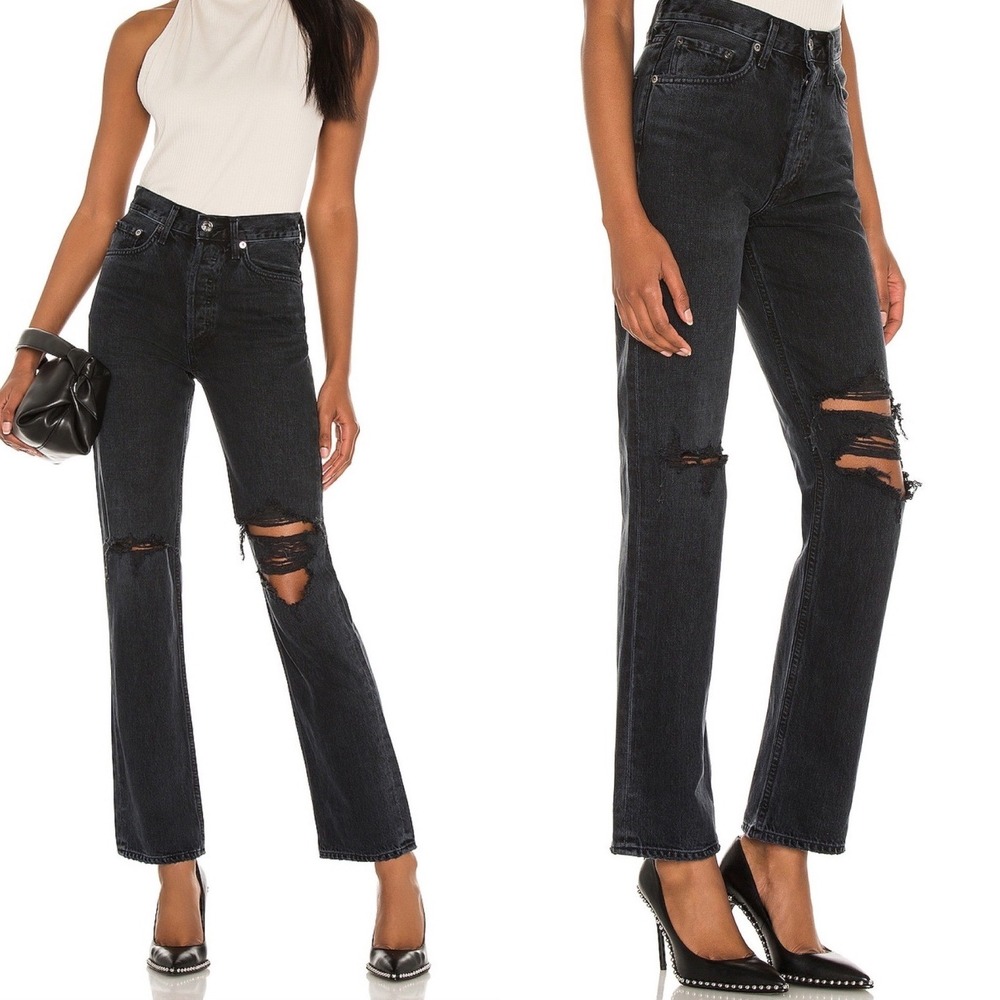 Agolde Lana Straight Jeans Black Womens Size 29 Denim Button Fly Cotton Minimal
